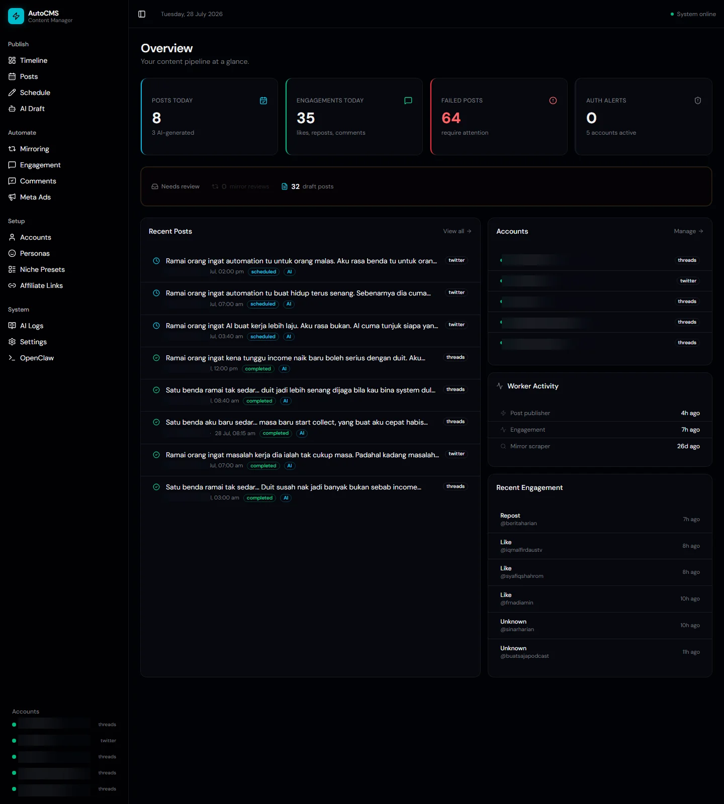 AutoCMS overview showing publishing health and operational modules with connected account handles obscured
