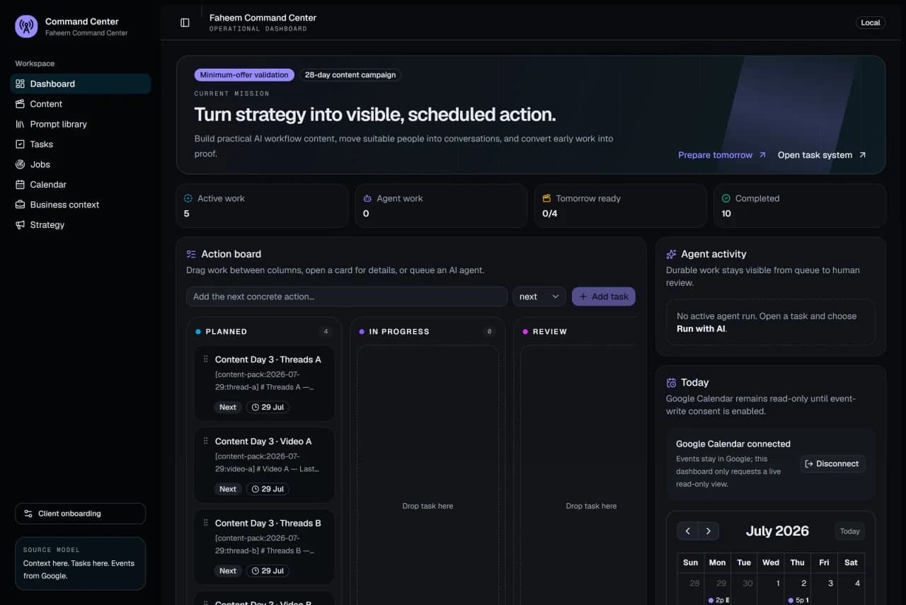 Faheem Command Center operational dashboard with action board and calendar