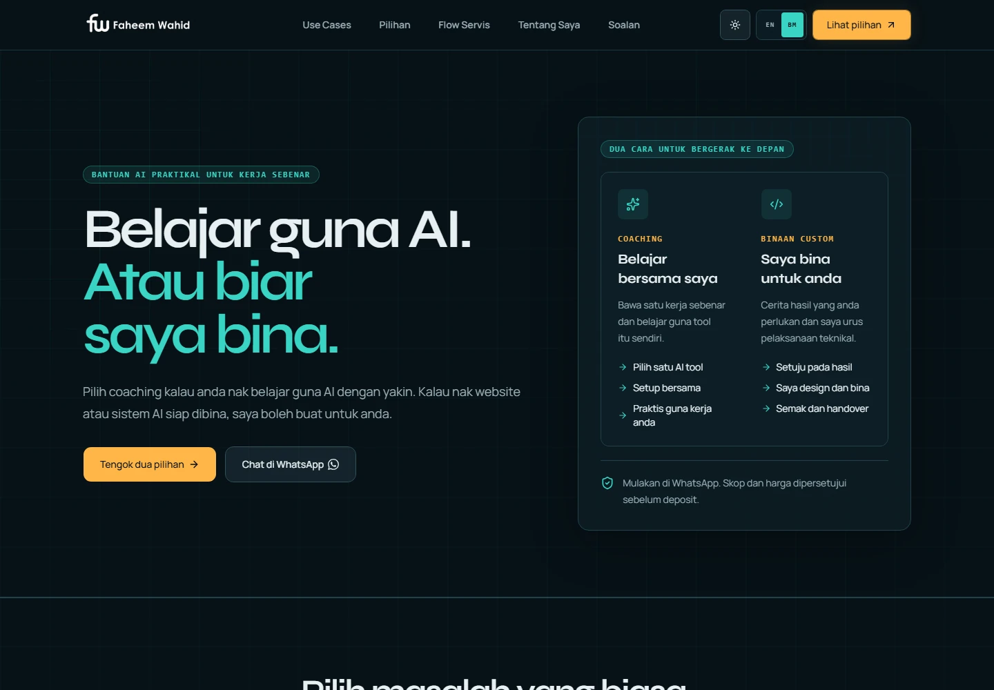 Faheem Wahid business website presenting AI coaching and custom system services