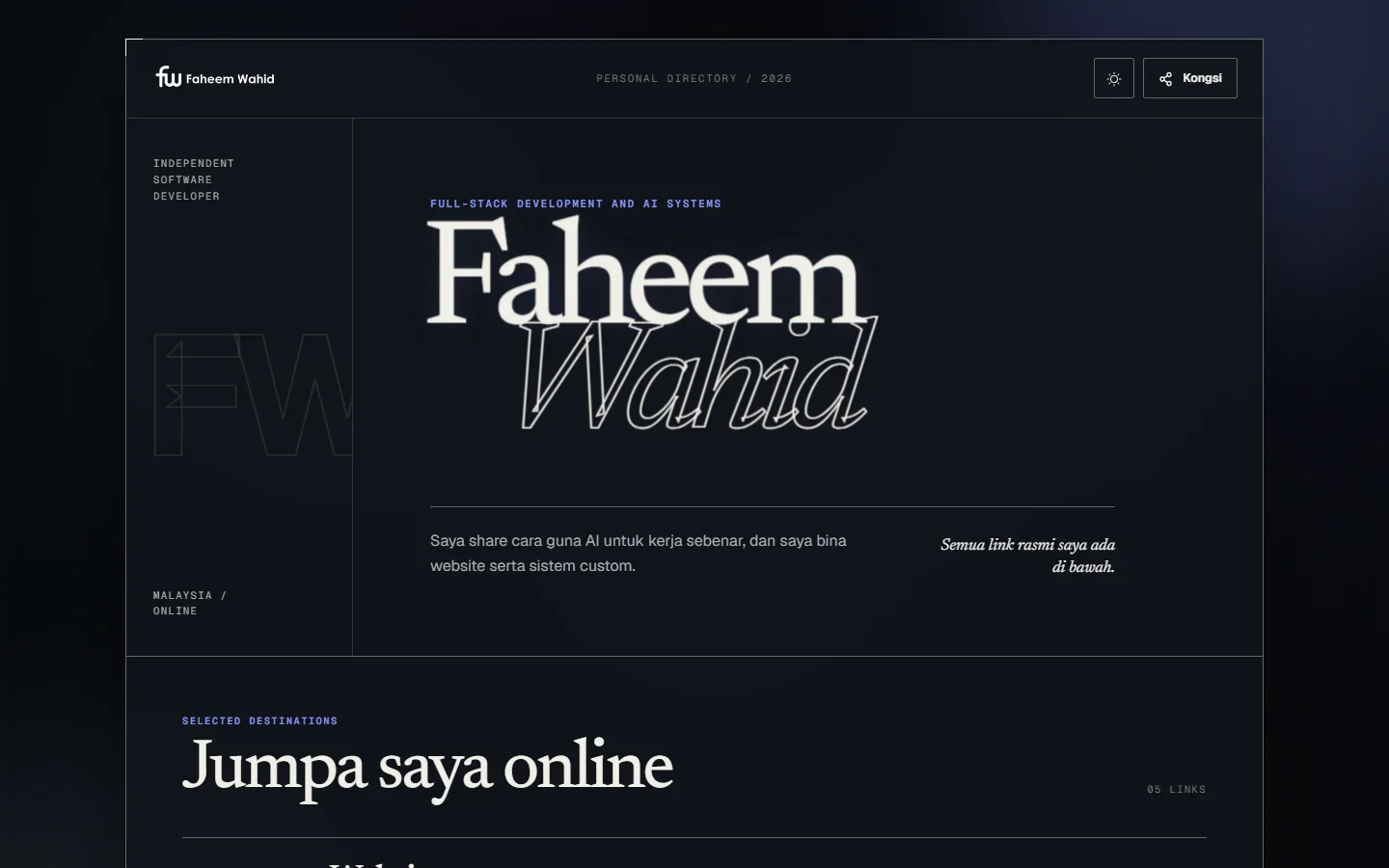 Faheem Wahid personal link directory with editorial typography and public social destinations