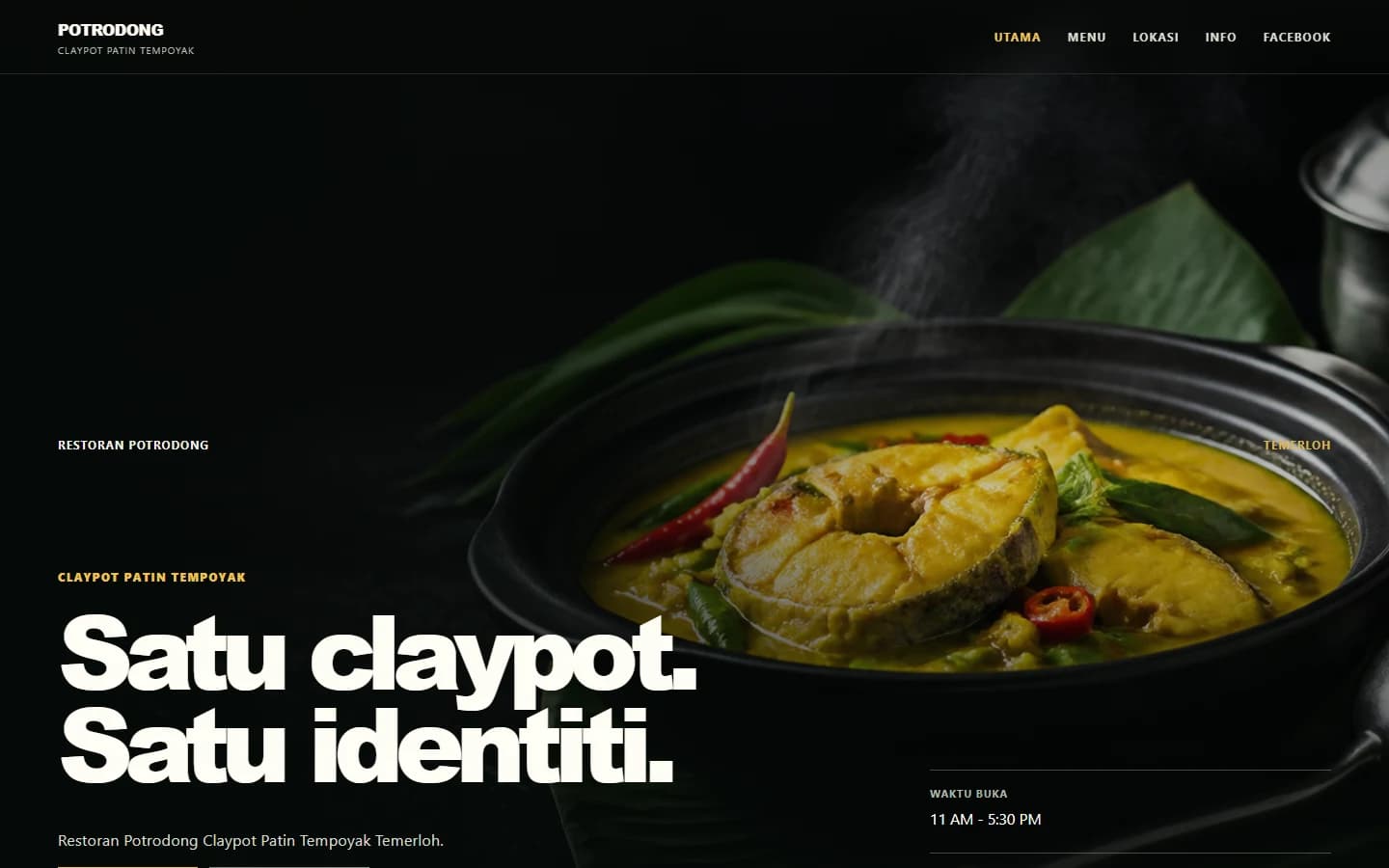 Restoran Potrodong website showing Claypot Patin Tempoyak Temerloh