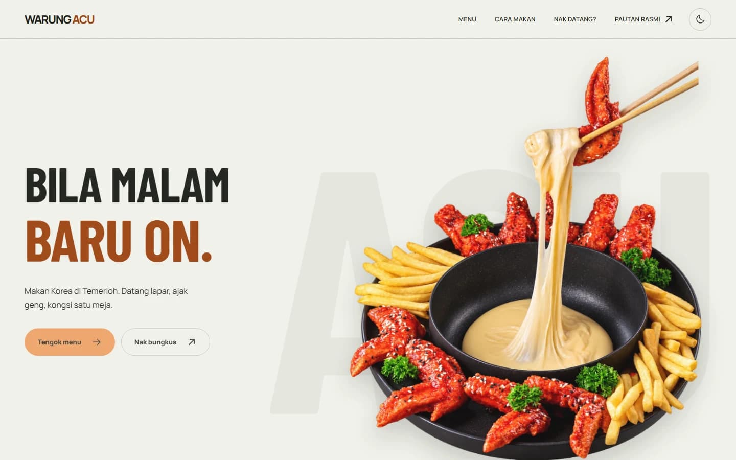 Warung Acu website showing Korean food and menu discovery in Temerloh